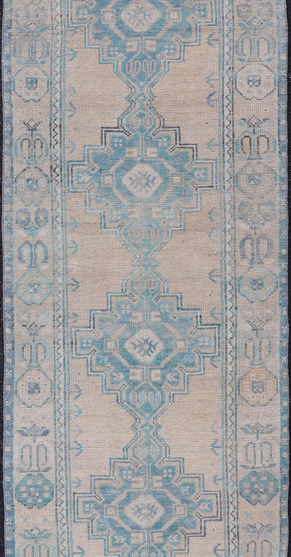 Turkish Vintage Oushak Runner with Geometric Medallion Design in Blues and Beige Measures: 2'9 x 9'9 Turkish Vintage Oushak Runner with Geometric Medallion Design in Blues and Beige. Keivan Woven Arts / rug TU - MTU - 926, country of origin / type:... - Keivan Woven ArtsTU - MTU - 926 - 21979Rug