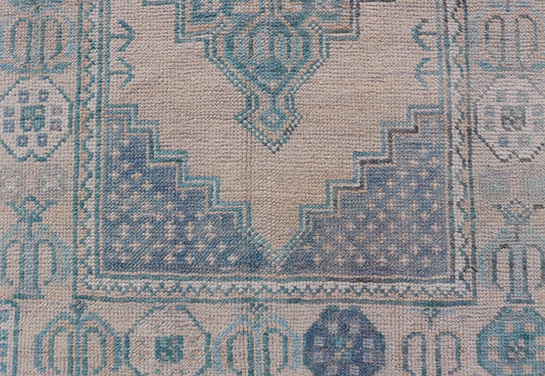 Turkish Vintage Oushak Runner with Geometric Medallion Design in Blues and Beige Measures: 2'9 x 9'9 Turkish Vintage Oushak Runner with Geometric Medallion Design in Blues and Beige. Keivan Woven Arts / rug TU - MTU - 926, country of origin / type:... - Keivan Woven ArtsTU - MTU - 926 - 21979Rug