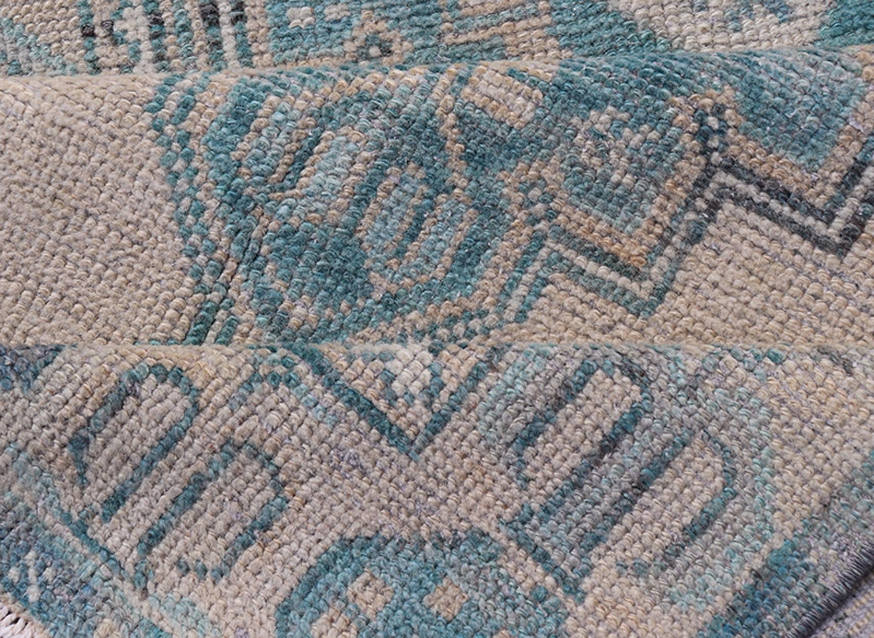 Turkish Vintage Oushak Runner with Geometric Medallion Design in Blues and Beige Measures: 2'9 x 9'9 Turkish Vintage Oushak Runner with Geometric Medallion Design in Blues and Beige. Keivan Woven Arts / rug TU - MTU - 926, country of origin / type:... - Keivan Woven ArtsTU - MTU - 926 - 21979Rug
