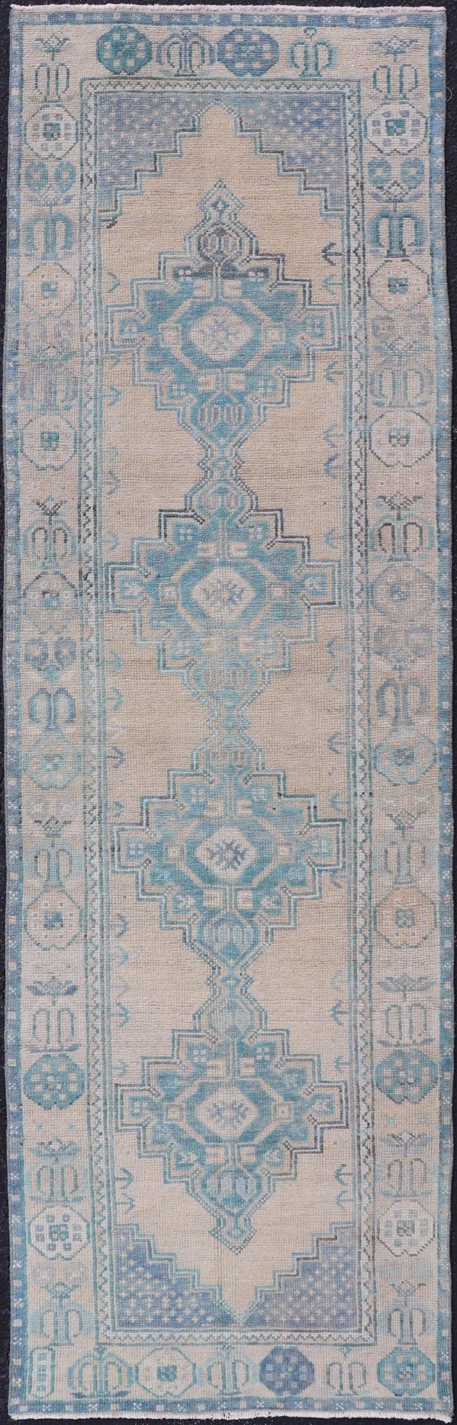 Turkish Vintage Oushak Runner with Geometric Medallion Design in Blues and Beige Measures: 2'9 x 9'9 Turkish Vintage Oushak Runner with Geometric Medallion Design in Blues and Beige. Keivan Woven Arts / rug TU - MTU - 926, country of origin / type:... - Keivan Woven ArtsTU - MTU - 926 - 21979Rug