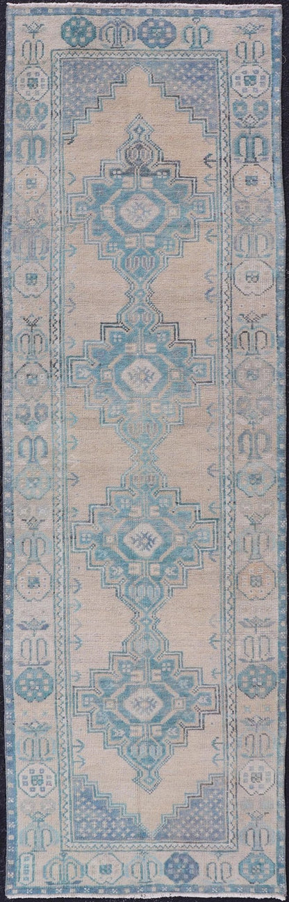 Turkish Vintage Oushak Runner with Geometric Medallion Design in Blues and Beige Measures: 2'9 x 9'9 Turkish Vintage Oushak Runner with Geometric Medallion Design in Blues and Beige. Keivan Woven Arts / rug TU - MTU - 926, country of origin / type:... - Keivan Woven ArtsTU - MTU - 926 - 21979Rug