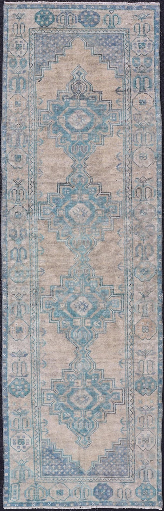 Turkish Vintage Oushak Runner with Geometric Medallion Design in Blues and Beige Measures: 2'9 x 9'9 Turkish Vintage Oushak Runner with Geometric Medallion Design in Blues and Beige. Keivan Woven Arts / rug TU - MTU - 926, country of origin / type:... - Keivan Woven ArtsTU - MTU - 926 - 21979Rug