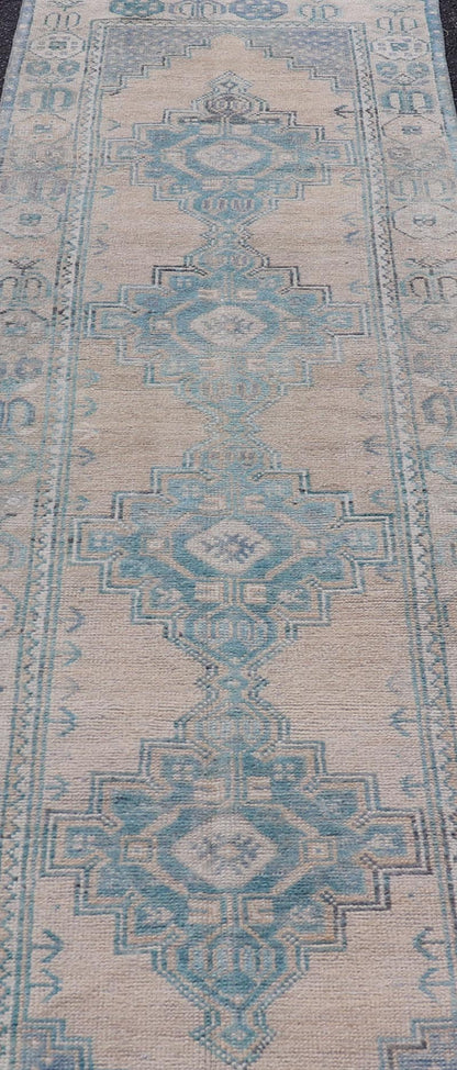 Turkish Vintage Oushak Runner with Geometric Medallion Design in Blues and Beige Measures: 2'9 x 9'9 Turkish Vintage Oushak Runner with Geometric Medallion Design in Blues and Beige. Keivan Woven Arts / rug TU - MTU - 926, country of origin / type:... - Keivan Woven ArtsTU - MTU - 926 - 21979Rug