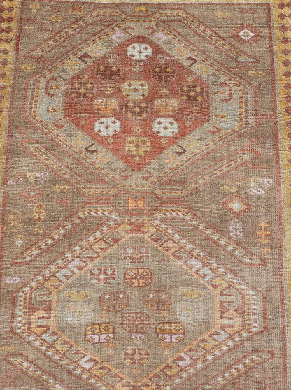 Measures: 2'11 x 10'11 Vintage Turkish Oushak Runner with Tribal Medallions in Brown's, Yellow, and Red. Keivan Woven Arts / rug TU - MTU - 936, country of origin / type: Turkey / Oushak, circa 1940. This vintage Oushak runner features a unique blen... - Keivan Woven ArtsTU - MTU - 936 - 21985Rug