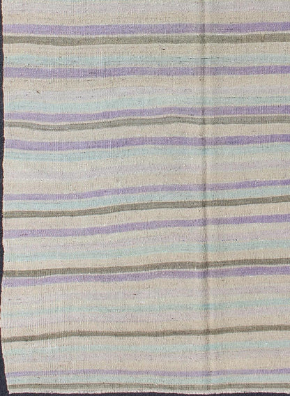 Vintage Turkish Kilim with Stripes in Light green, Pastel Purple, Cream and Taupe rug/tu - mtu - 95040 origin/turkey This vintage Kilim carpet from Mid - Century Turkey features a stripe pattern set atop an grey background. Colors include grey, taupe... - Keivan Woven ArtsTU - MTU - 95040 - 3704Rug