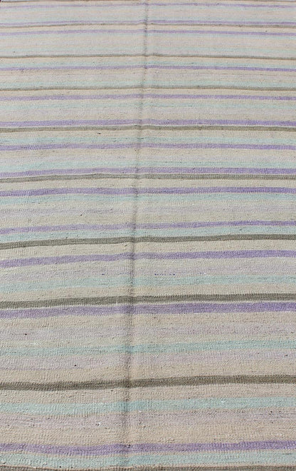 Vintage Turkish Kilim with Stripes in Light green, Pastel Purple, Cream and Taupe rug/tu - mtu - 95040 origin/turkey This vintage Kilim carpet from Mid - Century Turkey features a stripe pattern set atop an grey background. Colors include grey, taupe... - Keivan Woven ArtsTU - MTU - 95040 - 3704Rug