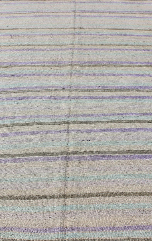 Vintage Turkish Kilim with Stripes in Light green, Pastel Purple, Cream and Taupe rug/tu - mtu - 95040 origin/turkey This vintage Kilim carpet from Mid - Century Turkey features a stripe pattern set atop an grey background. Colors include grey, taupe... - Keivan Woven ArtsTU - MTU - 95040 - 3704Rug