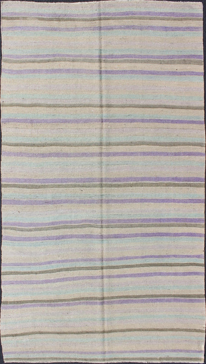 Vintage Turkish Kilim with Stripes in Light green, Pastel Purple, Cream and Taupe rug/tu - mtu - 95040 origin/turkey This vintage Kilim carpet from Mid - Century Turkey features a stripe pattern set atop an grey background. Colors include grey, taupe... - Keivan Woven ArtsTU - MTU - 95040 - 3704Rug