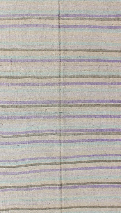 Vintage Turkish Kilim with Stripes in Light green, Pastel Purple, Cream and Taupe rug/tu - mtu - 95040 origin/turkey This vintage Kilim carpet from Mid - Century Turkey features a stripe pattern set atop an grey background. Colors include grey, taupe... - Keivan Woven ArtsTU - MTU - 95040 - 3704Rug