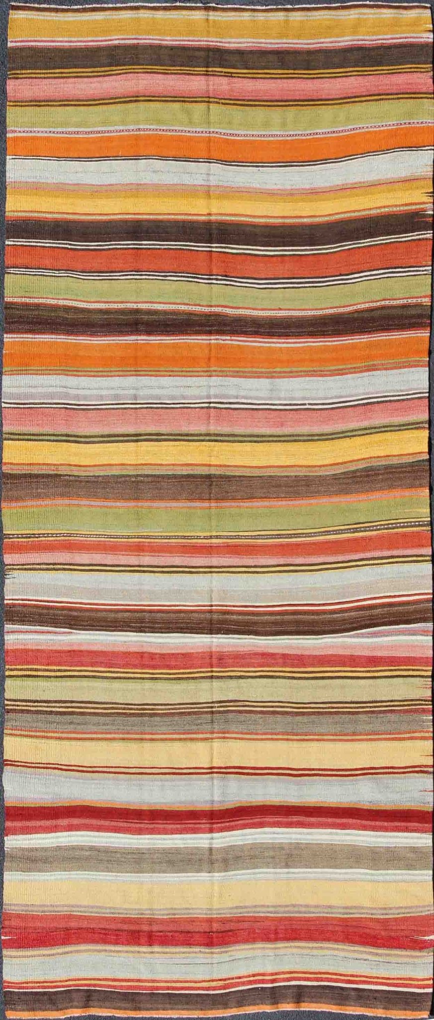 Large Gallery Kilim Flat - Weave Runner with Horizontal Stripe Design, Keivan Woven Arts/ rug mtu - 95041, country of origin / type: Turkey / Kilim, circa mid - 20th century Measures: 6'2 x 14' Featuring a repeating horizontal stripe design, th... - Keivan Woven ArtsTU - MTU - 95041 - 3708Rug