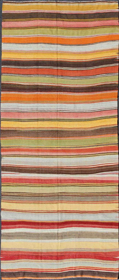 Large Gallery Kilim Flat - Weave Runner with Horizontal Stripe Design, Keivan Woven Arts/ rug mtu - 95041, country of origin / type: Turkey / Kilim, circa mid - 20th century Measures: 6'2 x 14' Featuring a repeating horizontal stripe design, th... - Keivan Woven ArtsTU - MTU - 95041 - 3708Rug