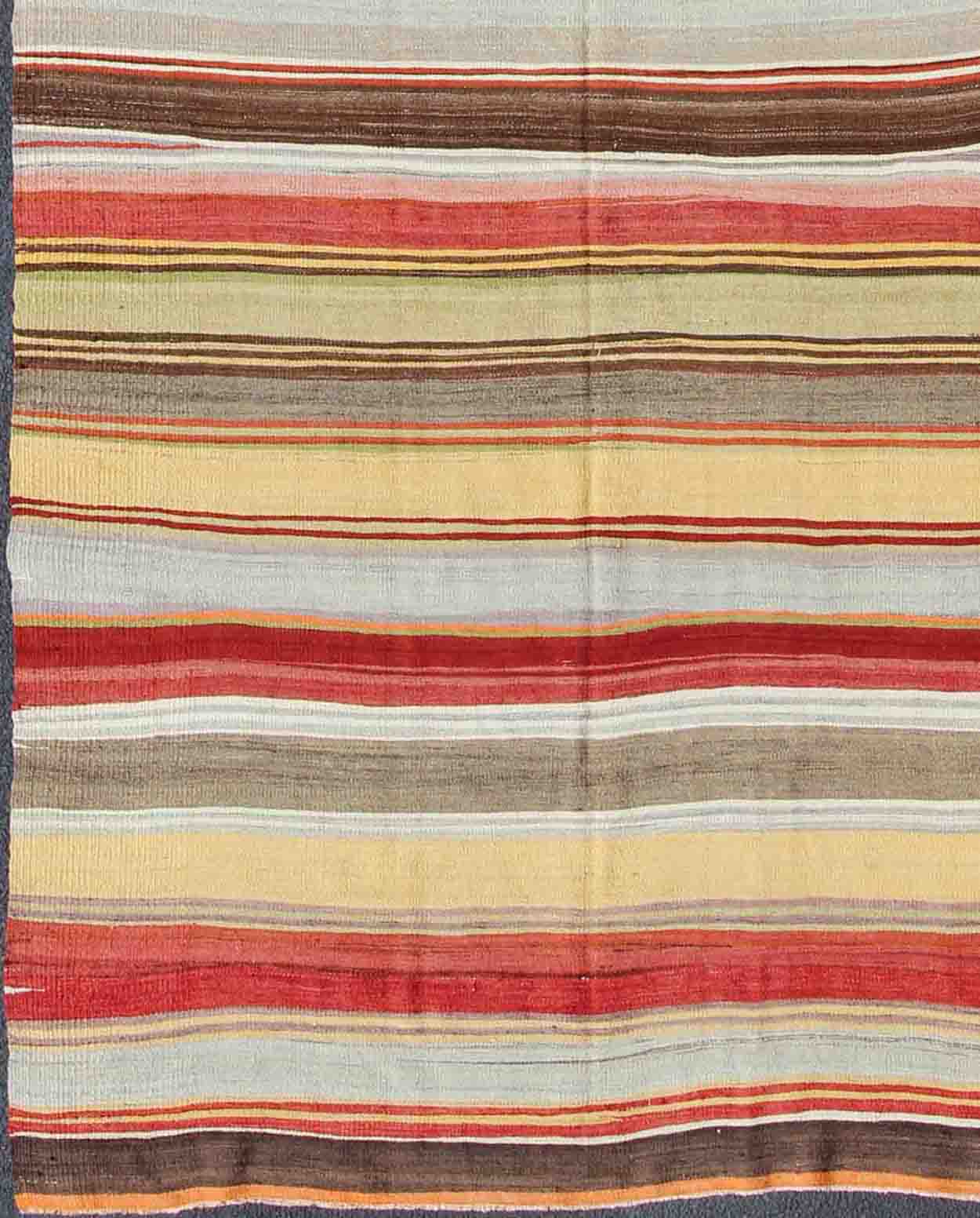 Large Gallery Kilim Flat - Weave Runner with Horizontal Stripe Design, Keivan Woven Arts/ rug mtu - 95041, country of origin / type: Turkey / Kilim, circa mid - 20th century Measures: 6'2 x 14' Featuring a repeating horizontal stripe design, th... - Keivan Woven ArtsTU - MTU - 95041 - 3708Rug