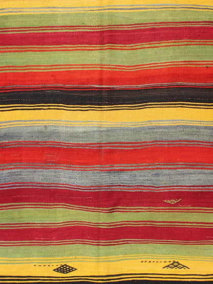 Colorful Vintage Turkish Kilim Rug with Subtle Tribal Shapes and Stripes Design, rug mtu - 95042, country of origin / type: Turkey / Kilim, circa mid - 20th century Featuring a repeating horizontal stripe design, with a few tribal motifs throughout,... - Keivan Woven ArtsTU - MTU - 95042 - 3890Rug