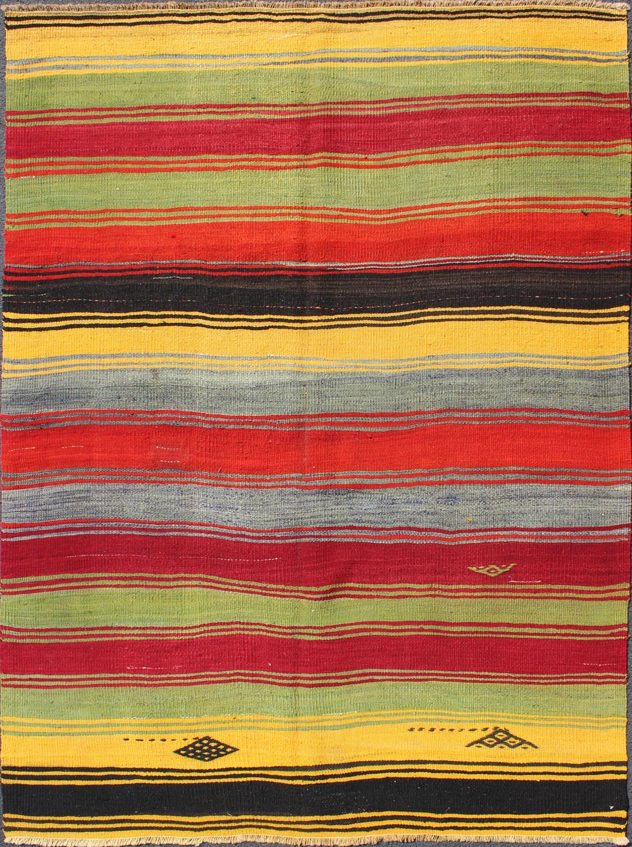 Colorful Vintage Turkish Kilim Rug with Subtle Tribal Shapes and Stripes Design, rug mtu - 95042, country of origin / type: Turkey / Kilim, circa mid - 20th century Featuring a repeating horizontal stripe design, with a few tribal motifs throughout,... - Keivan Woven ArtsTU - MTU - 95042 - 3890Rug