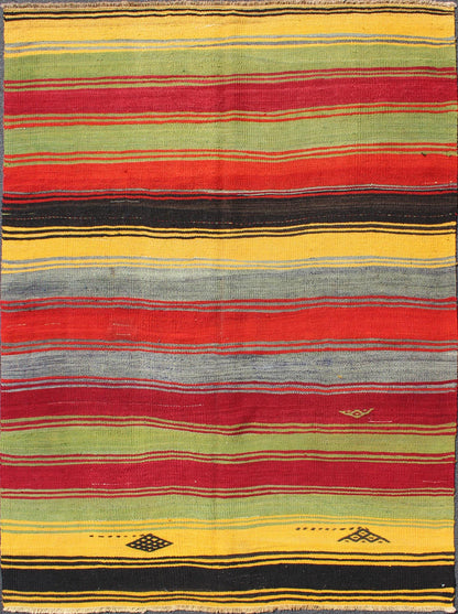 Colorful Vintage Turkish Kilim Rug with Subtle Tribal Shapes and Stripes Design, rug mtu - 95042, country of origin / type: Turkey / Kilim, circa mid - 20th century Featuring a repeating horizontal stripe design, with a few tribal motifs throughout,... - Keivan Woven ArtsTU - MTU - 95042 - 3890Rug