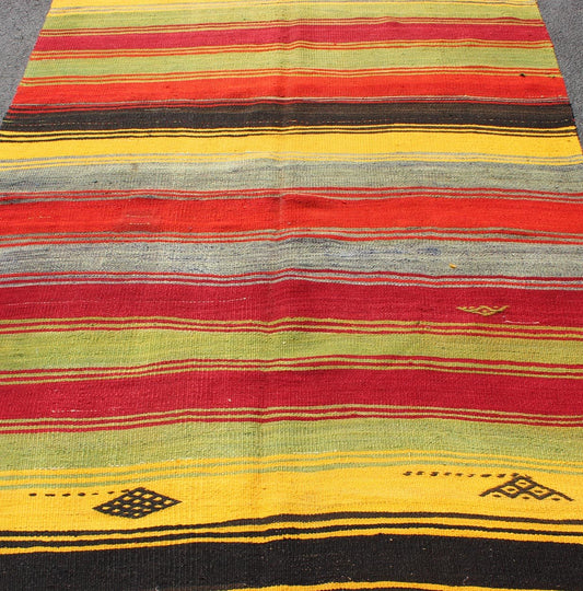 Colorful Vintage Turkish Kilim Rug with Subtle Tribal Shapes and Stripes Design, rug mtu - 95042, country of origin / type: Turkey / Kilim, circa mid - 20th century Featuring a repeating horizontal stripe design, with a few tribal motifs throughout,... - Keivan Woven ArtsTU - MTU - 95042 - 3890Rug