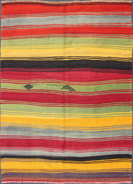 Bright & Colorful Vintage Turkish Kilim Rug in Stripes Design, Keivan Woven Arts/rug/TU - MTU - 95043, country of origin / type: Turkey / Kilim, circa mid - 20th century, bright color Kilim, Vivid colors vintage Kilim Measures: 5 x 7'1. Featur... - Keivan Woven ArtsTU - MTU - 95043 - 3894