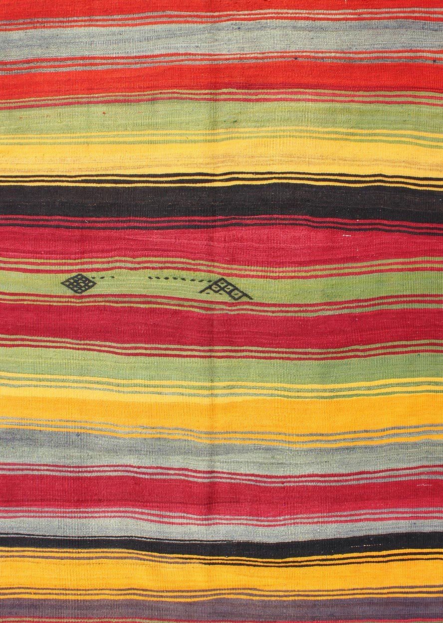 Bright & Colorful Vintage Turkish Kilim Rug in Stripes Design, Keivan Woven Arts/rug/TU - MTU - 95043, country of origin / type: Turkey / Kilim, circa mid - 20th century, bright color Kilim, Vivid colors vintage Kilim Measures: 5 x 7'1. Featur... - Keivan Woven ArtsTU - MTU - 95043 - 3894Rug