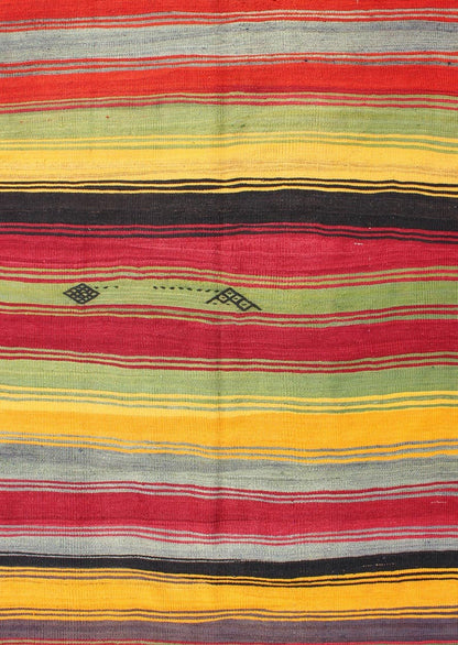 Bright & Colorful Vintage Turkish Kilim Rug in Stripes Design, Keivan Woven Arts/rug/TU - MTU - 95043, country of origin / type: Turkey / Kilim, circa mid - 20th century, bright color Kilim, Vivid colors vintage Kilim Measures: 5 x 7'1. Featur... - Keivan Woven ArtsTU - MTU - 95043 - 3894Rug