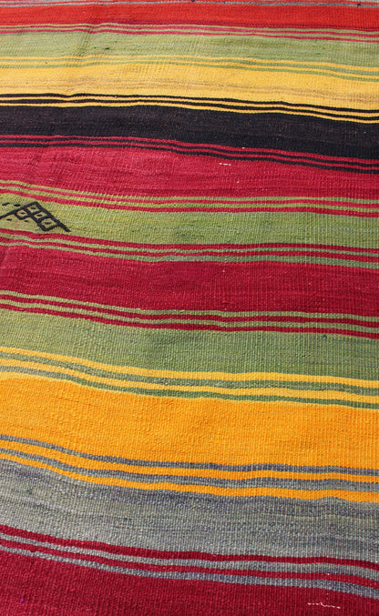 Bright & Colorful Vintage Turkish Kilim Rug in Stripes Design, Keivan Woven Arts/rug/TU - MTU - 95043, country of origin / type: Turkey / Kilim, circa mid - 20th century, bright color Kilim, Vivid colors vintage Kilim Measures: 5 x 7'1. Featur... - Keivan Woven ArtsTU - MTU - 95043 - 3894Rug