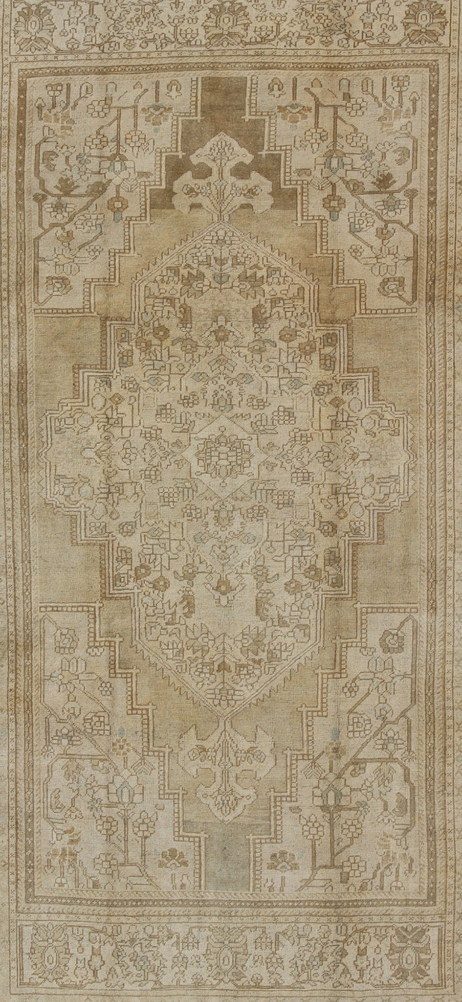 Large Vintage Turkish Floral Medallion Oushak Rug in All Neutral Palette Measures: 7'3 x 13' This muted Turkish Oushak features a light khaki border and background with shades of beige. The corners and central medallion are composed of a... - Keivan Woven ArtsTU - MTU - 95085 - 3692Rug