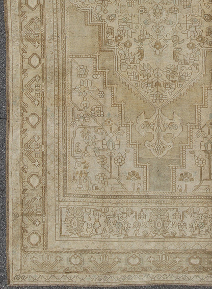 Large Vintage Turkish Floral Medallion Oushak Rug in All Neutral Palette Measures: 7'3 x 13' This muted Turkish Oushak features a light khaki border and background with shades of beige. The corners and central medallion are composed of a... - Keivan Woven ArtsTU - MTU - 95085 - 3692Rug