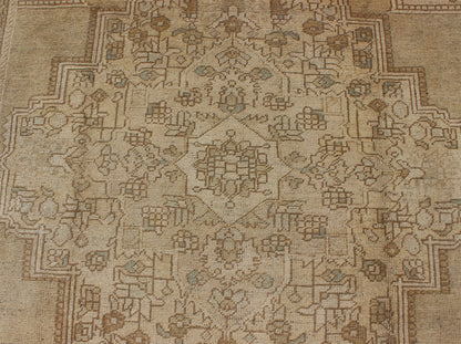 Large Vintage Turkish Floral Medallion Oushak Rug in All Neutral Palette Measures: 7'3 x 13' This muted Turkish Oushak features a light khaki border and background with shades of beige. The corners and central medallion are composed of a... - Keivan Woven ArtsTU - MTU - 95085 - 3692Rug