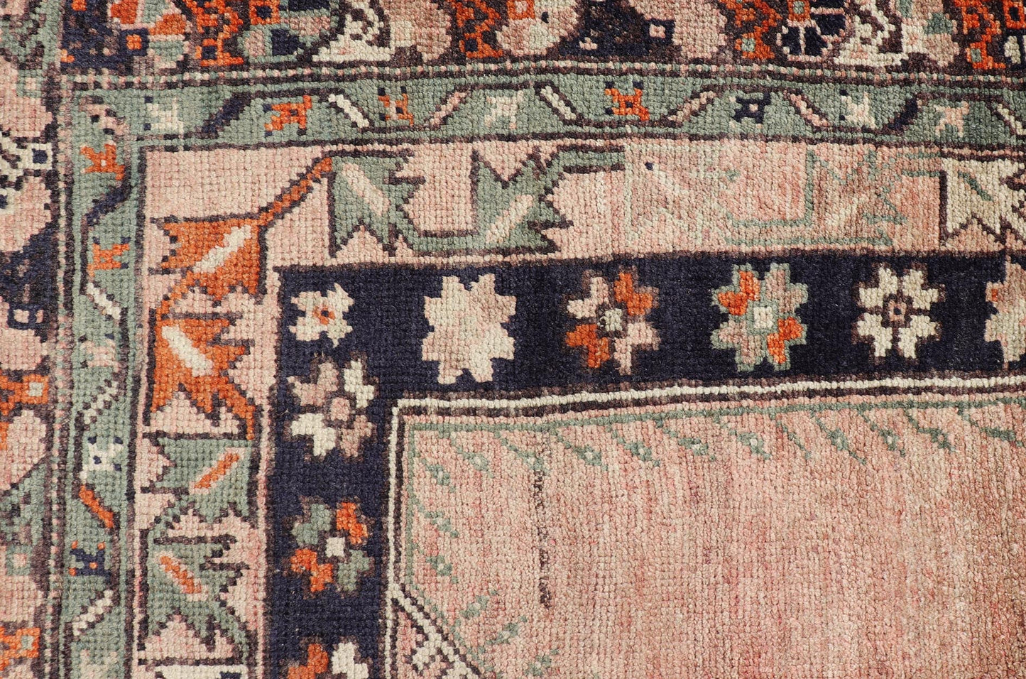 Keivan Woven Arts - Turkish Oushak Vintage Rug with Geometric design in shades of peach, navy blue and green. rug TU - MTU - 95086, country of origin / type: Turkey / Oushak, circa mid - 20th century Measures: 3'8 x 6'2 This Oushak rug features a unique... - Keivan Woven ArtsTU - MTU - 95086 - 3698Rug