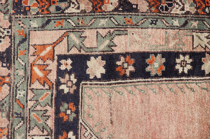 Keivan Woven Arts - Turkish Oushak Vintage Rug with Geometric design in shades of peach, navy blue and green. rug TU - MTU - 95086, country of origin / type: Turkey / Oushak, circa mid - 20th century Measures: 3'8 x 6'2 This Oushak rug features a unique... - Keivan Woven ArtsTU - MTU - 95086 - 3698Rug