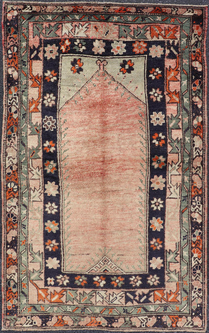 Keivan Woven Arts - Turkish Oushak Vintage Rug with Geometric design in shades of peach, navy blue and green. rug TU - MTU - 95086, country of origin / type: Turkey / Oushak, circa mid - 20th century Measures: 3'8 x 6'2 This Oushak rug features a unique... - Keivan Woven ArtsTU - MTU - 95086 - 3698Rug