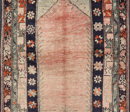 Keivan Woven Arts - Turkish Oushak Vintage Rug with Geometric design in shades of peach, navy blue and green. rug TU - MTU - 95086, country of origin / type: Turkey / Oushak, circa mid - 20th century Measures: 3'8 x 6'2 This Oushak rug features a unique... - Keivan Woven ArtsTU - MTU - 95086 - 3698Rug