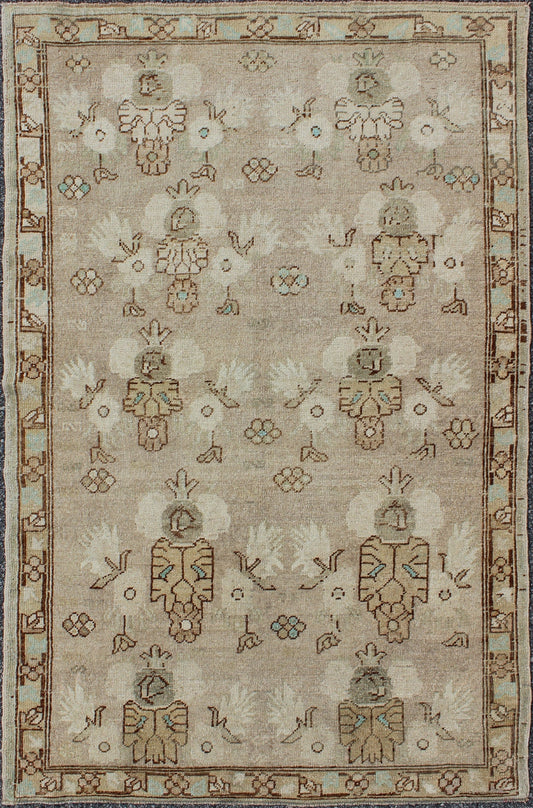 Taupe, Tan and Brown Medallion Vintage Turkish Oushak with Hints of Pale Green kwarugs Taupe and tan eight medallion vintage Turkish Oushak rug with hints of light teal and green, rug tu - mtu - 95097, country of origin / type: Turkey / Oushak, circ... - Keivan Woven ArtsTU - MTU - 95097 - 9174