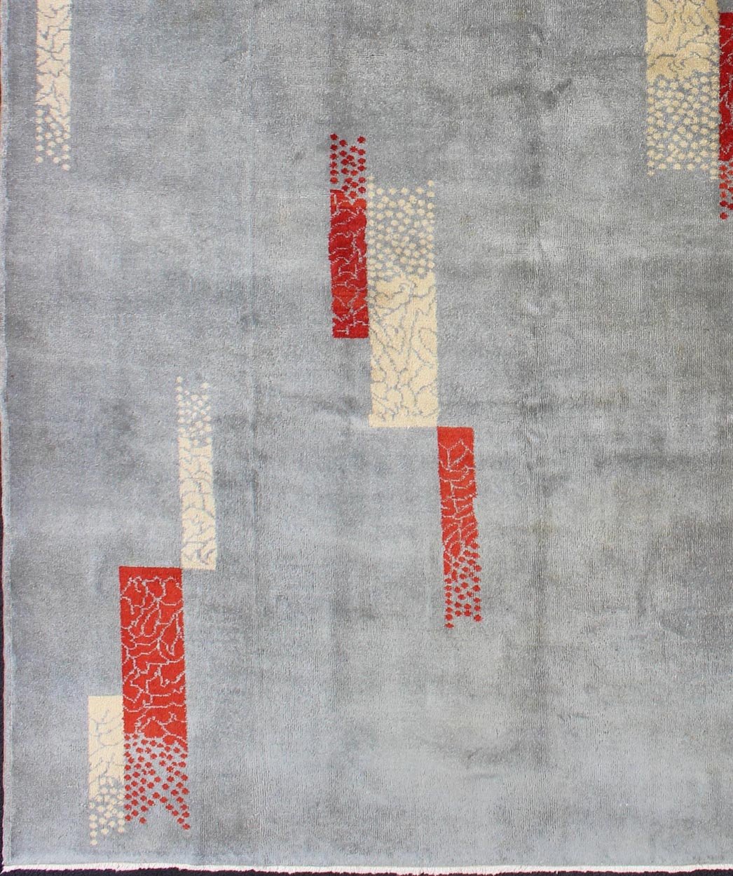 Mid - Century Modern Rug with Abstract Design in Gray Blue Background, Red, Cream Rendered in box shapes with a spotted and speckled assortment of rich red and cream colors, this very unique Mid - Century Modern rug has an abstract design set on a p... - Keivan Woven ArtsTU - MTU - 95169 - 5834Rug
