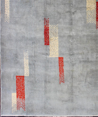 Mid - Century Modern Rug with Abstract Design in Gray Blue Background, Red, Cream Rendered in box shapes with a spotted and speckled assortment of rich red and cream colors, this very unique Mid - Century Modern rug has an abstract design set on a p... - Keivan Woven ArtsTU - MTU - 95169 - 5834Rug
