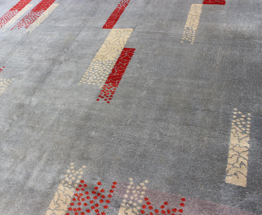 Mid - Century Modern Rug with Abstract Design in Gray Blue Background, Red, Cream Rendered in box shapes with a spotted and speckled assortment of rich red and cream colors, this very unique Mid - Century Modern rug has an abstract design set on a p... - Keivan Woven ArtsTU - MTU - 95169 - 5834Rug