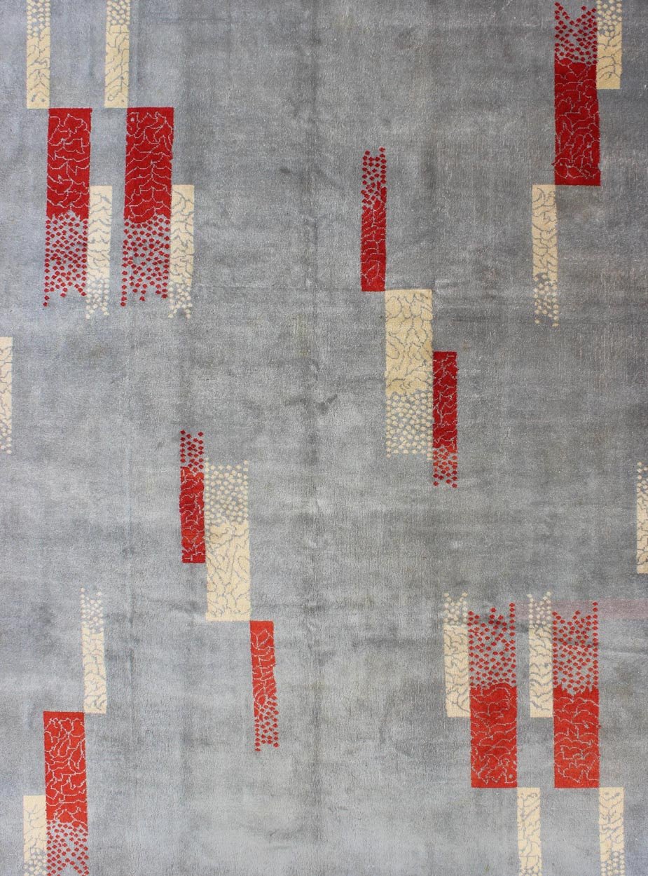 Mid - Century Modern Rug with Abstract Design in Gray Blue Background, Red, Cream Rendered in box shapes with a spotted and speckled assortment of rich red and cream colors, this very unique Mid - Century Modern rug has an abstract design set on a p... - Keivan Woven ArtsTU - MTU - 95169 - 5834Rug