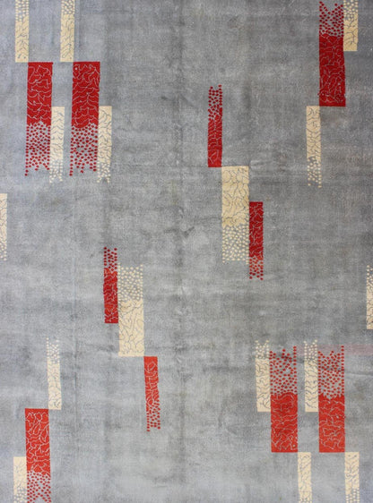 Mid - Century Modern Rug with Abstract Design in Gray Blue Background, Red, Cream Rendered in box shapes with a spotted and speckled assortment of rich red and cream colors, this very unique Mid - Century Modern rug has an abstract design set on a p... - Keivan Woven ArtsTU - MTU - 95169 - 5834Rug
