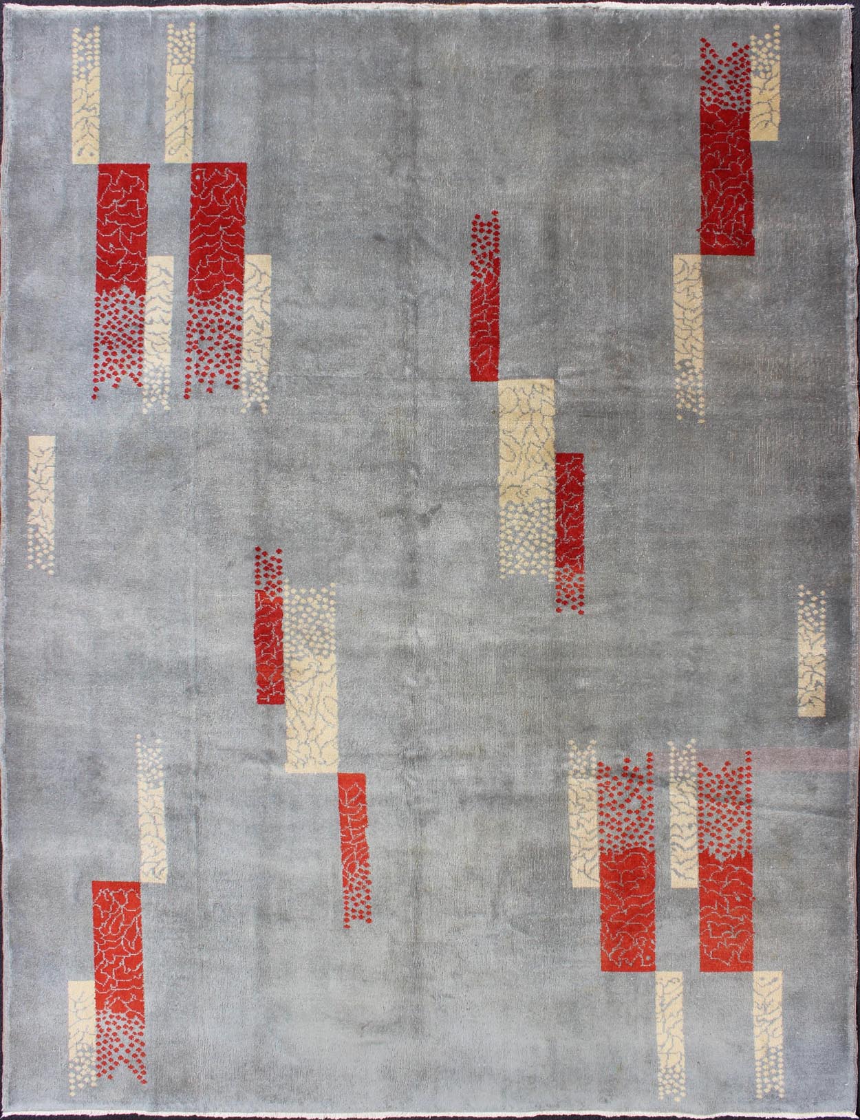 Mid - Century Modern Rug with Abstract Design in Gray Blue Background, Red, Cream Rendered in box shapes with a spotted and speckled assortment of rich red and cream colors, this very unique Mid - Century Modern rug has an abstract design set on a p... - Keivan Woven ArtsTU - MTU - 95169 - 5834Rug