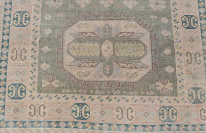 Measures: 6'0 x 9'10 Turkish Vintage Tribal Medallion Oushak in Muted Green, Blue, and Cream. Country of Origin: Turkey; Type: Oushak; Design: Medallion, Tribal Medallion, All - Over, Tribal; Keivan Woven Arts; rug TU - MTU - 991. mid - 20th century. ... - Keivan Woven ArtsTU - MTU - 991 - 21991Rug