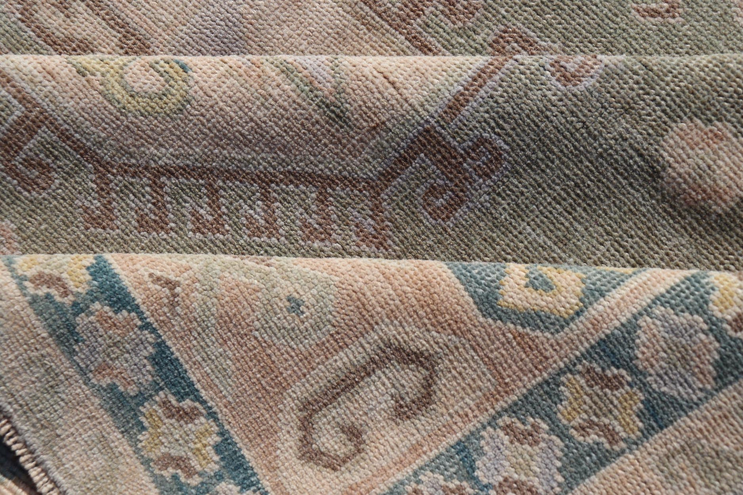 Measures: 6'0 x 9'10 Turkish Vintage Tribal Medallion Oushak in Muted Green, Blue, and Cream. Country of Origin: Turkey; Type: Oushak; Design: Medallion, Tribal Medallion, All - Over, Tribal; Keivan Woven Arts; rug TU - MTU - 991. mid - 20th century. ... - Keivan Woven ArtsTU - MTU - 991 - 21991Rug