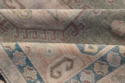 Measures: 6'0 x 9'10 Turkish Vintage Tribal Medallion Oushak in Muted Green, Blue, and Cream. Country of Origin: Turkey; Type: Oushak; Design: Medallion, Tribal Medallion, All - Over, Tribal; Keivan Woven Arts; rug TU - MTU - 991. mid - 20th century. ... - Keivan Woven ArtsTU - MTU - 991 - 21991Rug
