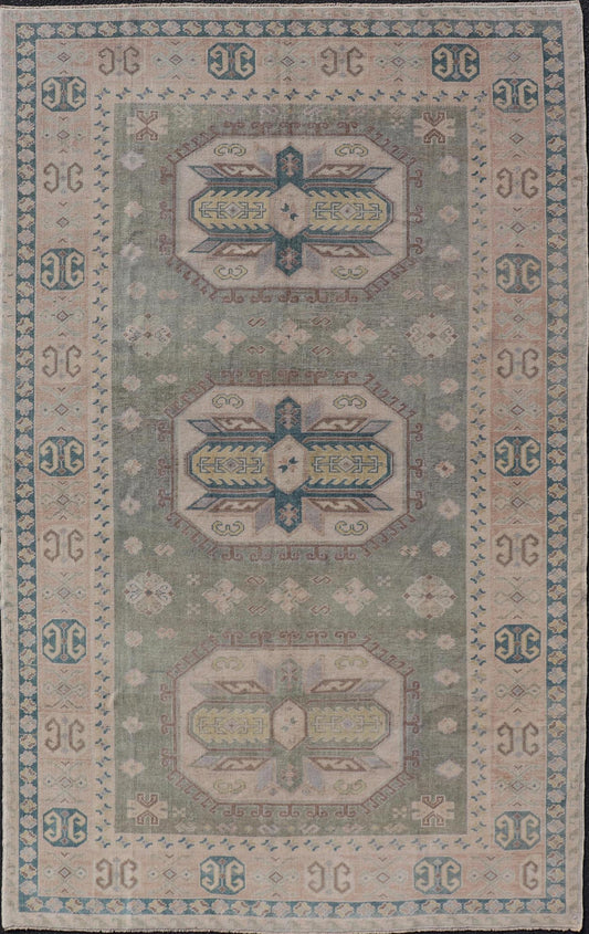 Measures: 6'0 x 9'10 Turkish Vintage Tribal Medallion Oushak in Muted Green, Blue, and Cream. Country of Origin: Turkey; Type: Oushak; Design: Medallion, Tribal Medallion, All - Over, Tribal; Keivan Woven Arts; rug TU - MTU - 991. mid - 20th century. ... - Keivan Woven ArtsTU - MTU - 991 - 21991Rug