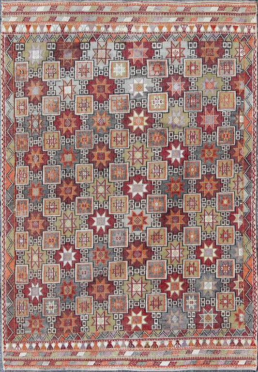 Keivan Woven Arts, Tu - Ned - 012787, Turkish Vintage Embroidered Kilim Rug With Tribal Star and Box Shapes in Colorful Tones Featuring tribal shapes of stars and boxes with a spotted and speckled assortment of geometric elements, this unique Mid - Century T... - Keivan Woven ArtsTU - NED - 012787 - 8367Rug