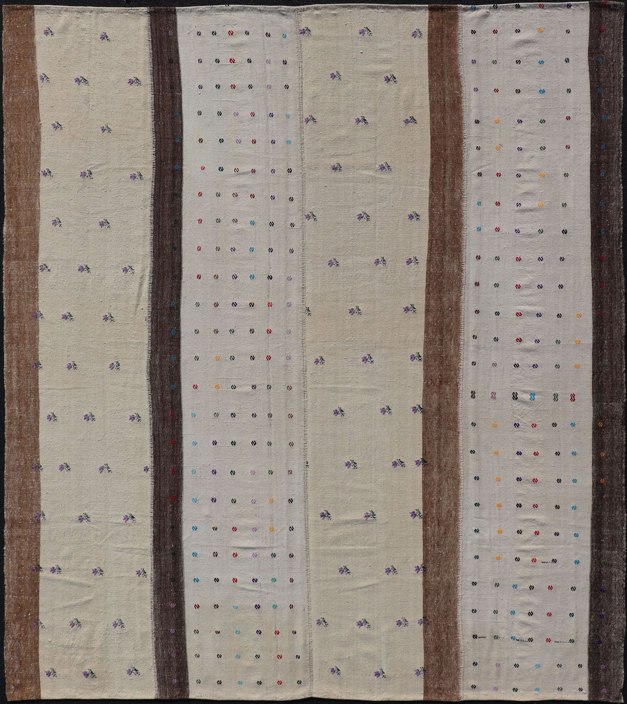 Large Hand Woven Vintage Turkish Kilim Rug with Stripes in Cream, White & Brown. Keivan Woven Arts / Rug TU - NED - 1001, country of origin / type: Turkey / Kilim, circa 1950. Measures: 9'9 x 11'1 - Keivan Woven ArtsTU - NED - 1001 - 14508Rug