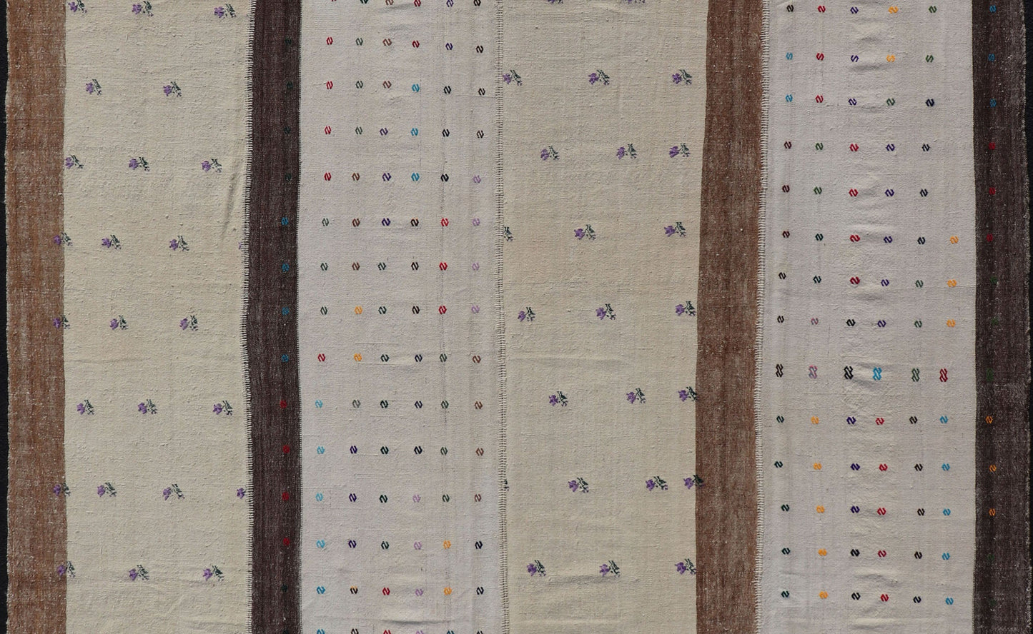 Large Hand Woven Vintage Turkish Kilim Rug with Stripes in Cream, White & Brown. Keivan Woven Arts / Rug TU - NED - 1001, country of origin / type: Turkey / Kilim, circa 1950. Measures: 9'9 x 11'1 - Keivan Woven ArtsTU - NED - 1001 - 14508Rug