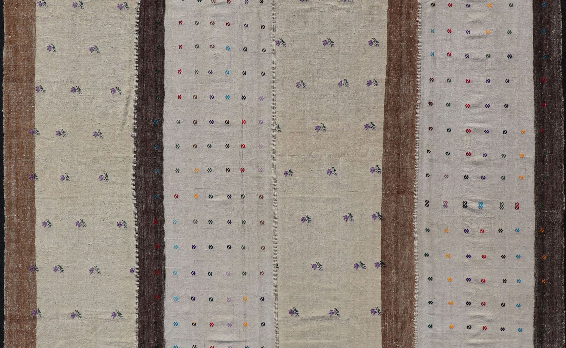 Large Hand Woven Vintage Turkish Kilim Rug with Stripes in Cream, White & Brown. Keivan Woven Arts / Rug TU - NED - 1001, country of origin / type: Turkey / Kilim, circa 1950. Measures: 9'9 x 11'1 - Keivan Woven ArtsTU - NED - 1001 - 14508Rug