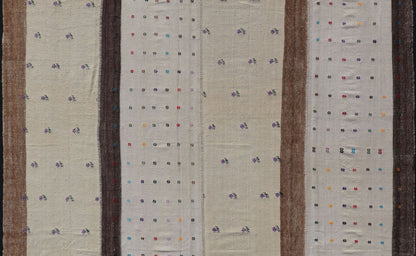Large Hand Woven Vintage Turkish Kilim Rug with Stripes in Cream, White & Brown. Keivan Woven Arts / Rug TU - NED - 1001, country of origin / type: Turkey / Kilim, circa 1950. Measures: 9'9 x 11'1 - Keivan Woven ArtsTU - NED - 1001 - 14508Rug