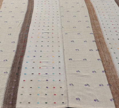 Large Hand Woven Vintage Turkish Kilim Rug with Stripes in Cream, White & Brown. Keivan Woven Arts / Rug TU - NED - 1001, country of origin / type: Turkey / Kilim, circa 1950. Measures: 9'9 x 11'1 - Keivan Woven ArtsTU - NED - 1001 - 14508Rug