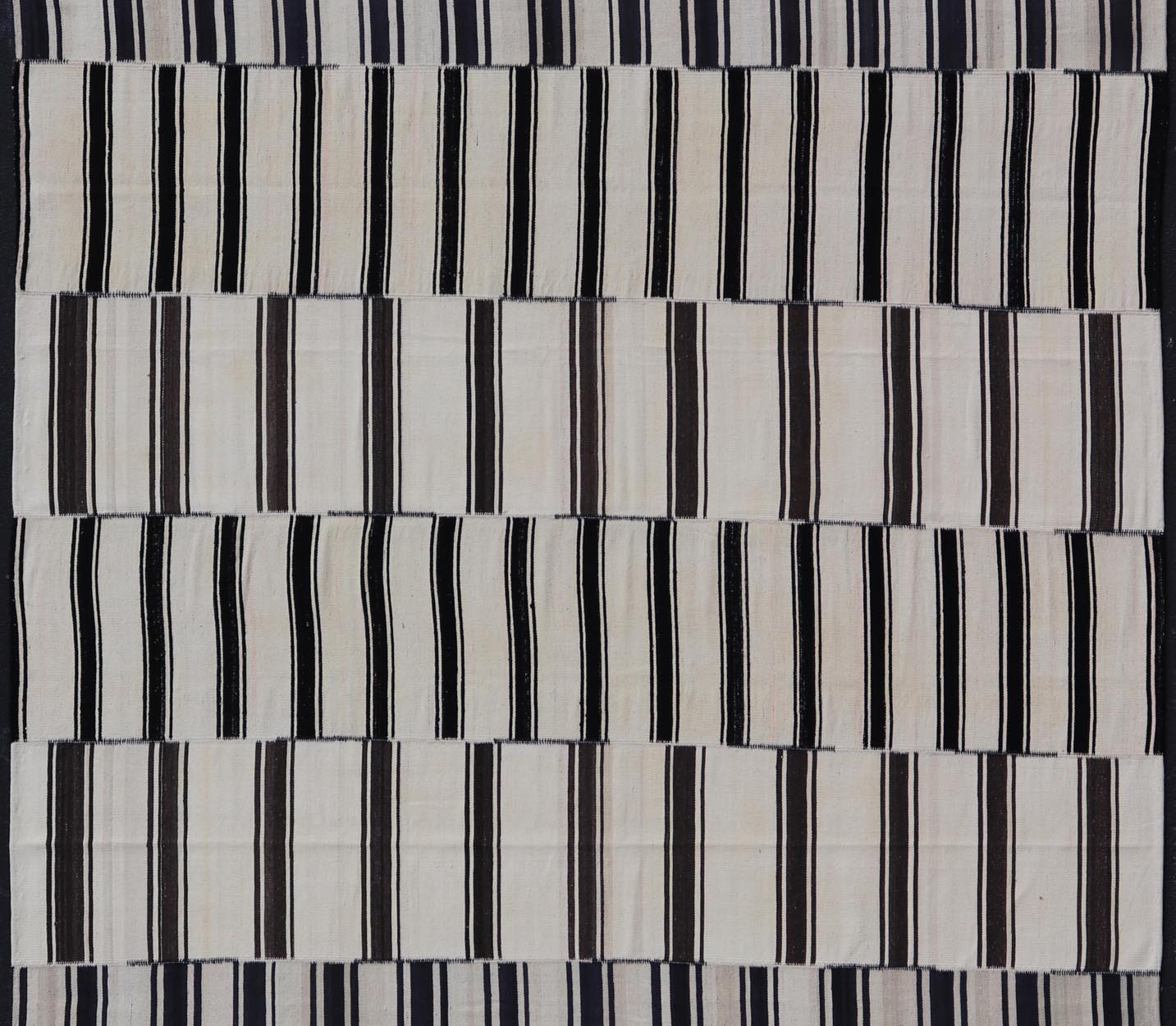 Multi paneled Vintage Turkish Stripe Kilim in Off White, Black, Brown & Dark Blue. Multi paneled Flat - weave vintage Turkish Kilim with vertical stripes in off white background with dark blue, charcoal, Brown and black colors. Keivan Woven Arts - ... - Keivan Woven ArtsTU - NED - 1002 - 14552Rug