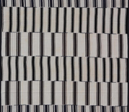 Multi paneled Vintage Turkish Stripe Kilim in Off White, Black, Brown & Dark Blue. Multi paneled Flat - weave vintage Turkish Kilim with vertical stripes in off white background with dark blue, charcoal, Brown and black colors. Keivan Woven Arts - ... - Keivan Woven ArtsTU - NED - 1002 - 14552Rug